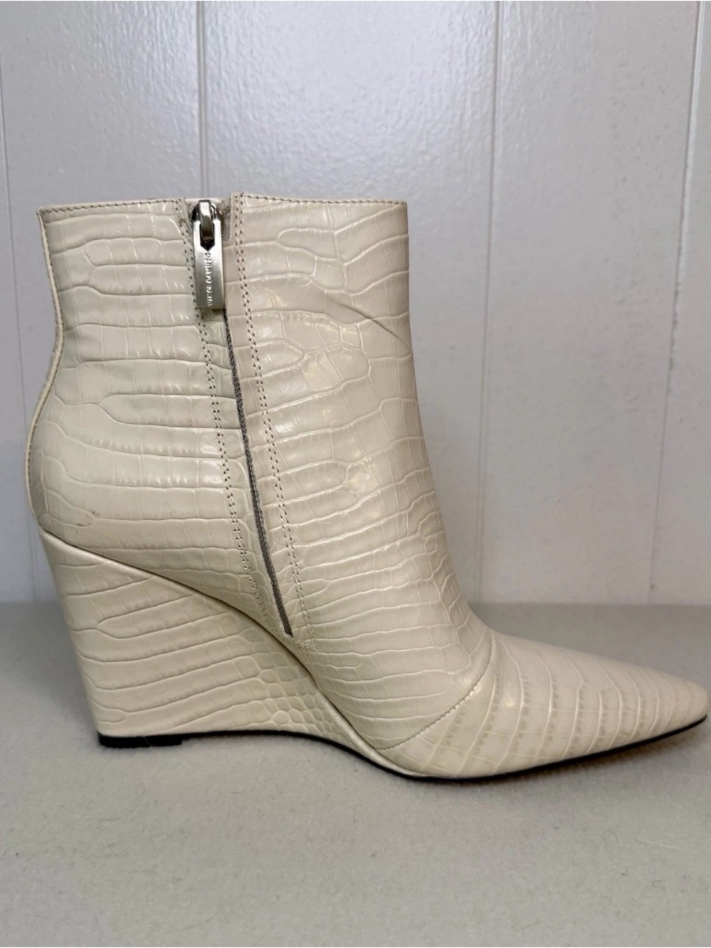 Vince Camuto Croc-Embossed Cream Wedge Ankle Boots - Picture 6 of 15